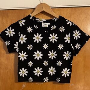 Pacsun Cotton Black Tee with White Daisy Design